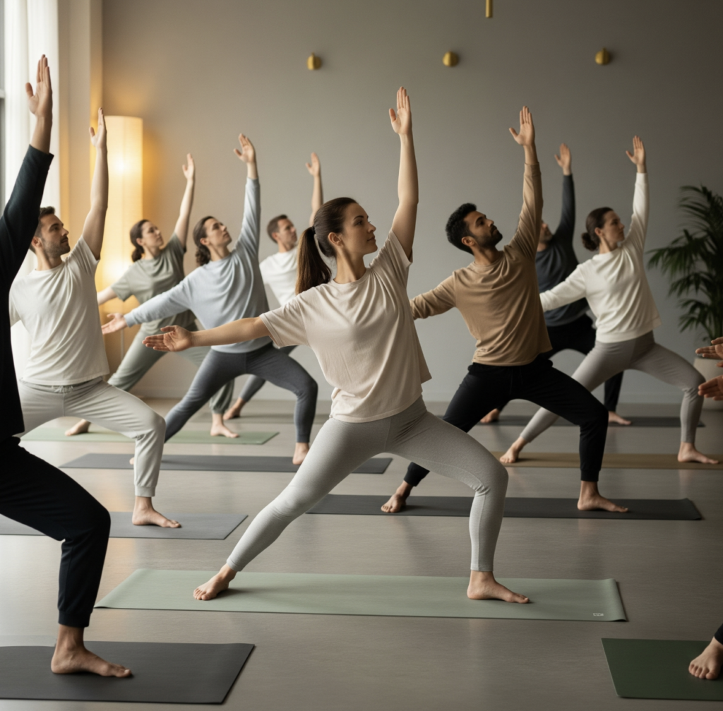 Group coed Yogis Rev Warrior