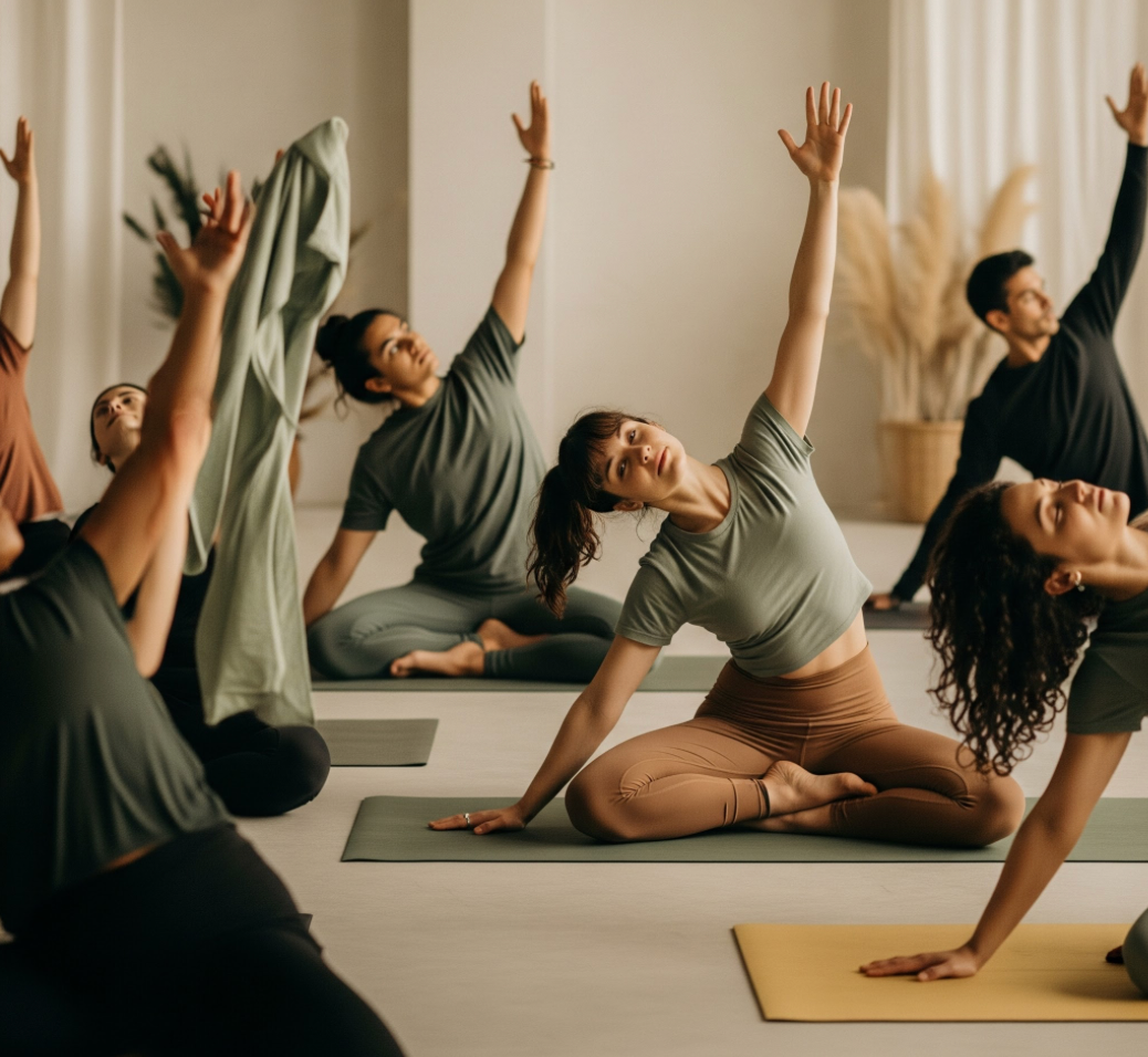 Group of co-ed yogis in a seated twist practicing together